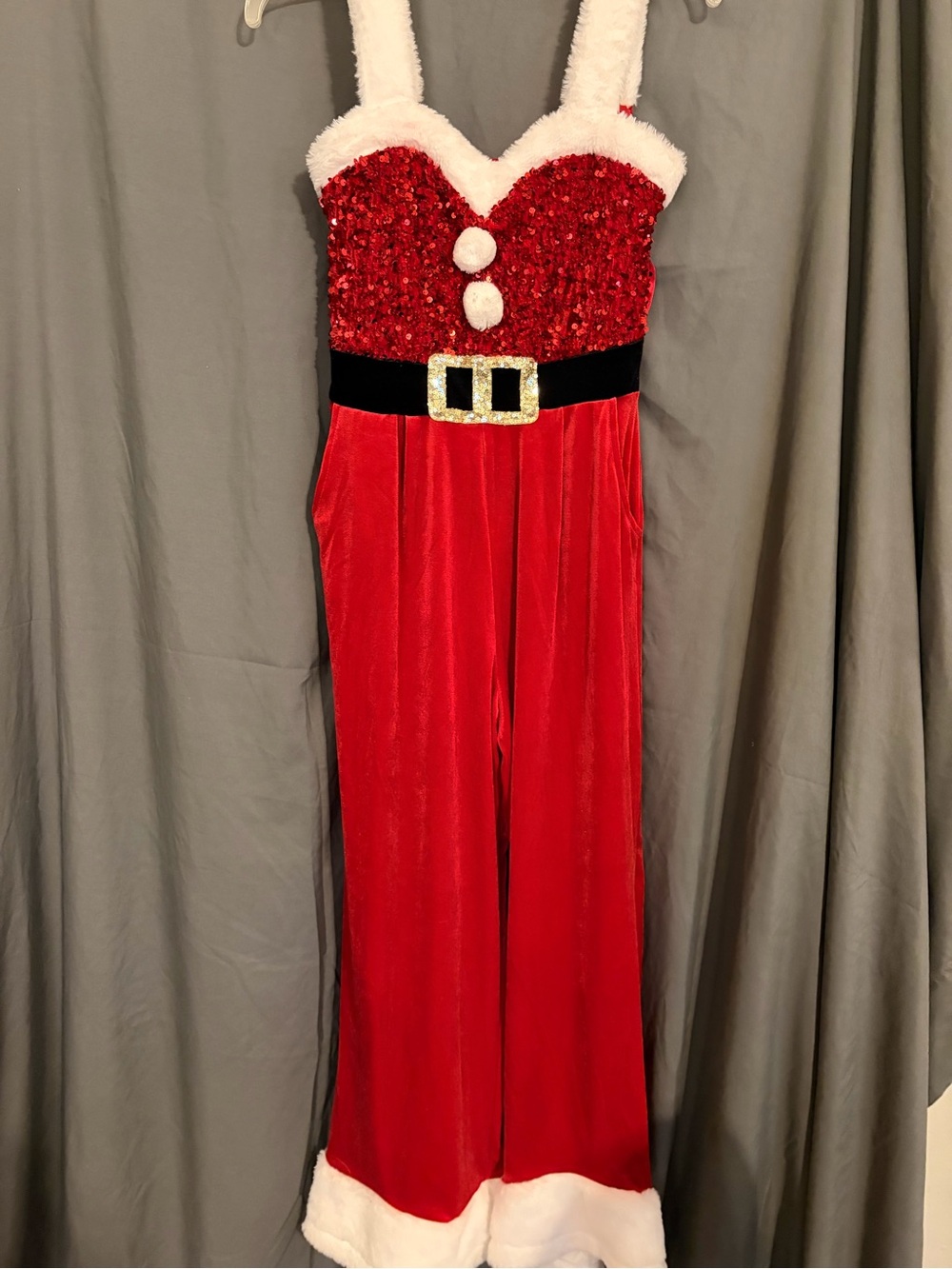 love on a hanger Red Sequin Santa-Style Jumpsuit with Faux Fur Trim